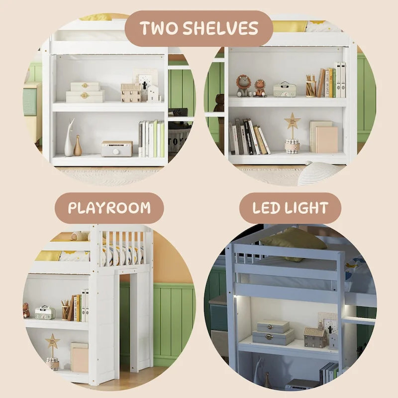 Twin Size Wood Low Loft Bed With Two-Tier Shelves and LED Light for Kids, Boys and Girls