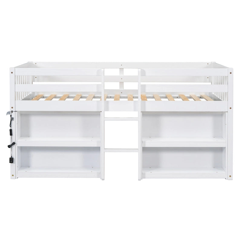 Twin Size Wood Low Loft Bed With Two-Tier Shelves and LED Light for Kids, Boys and Girls