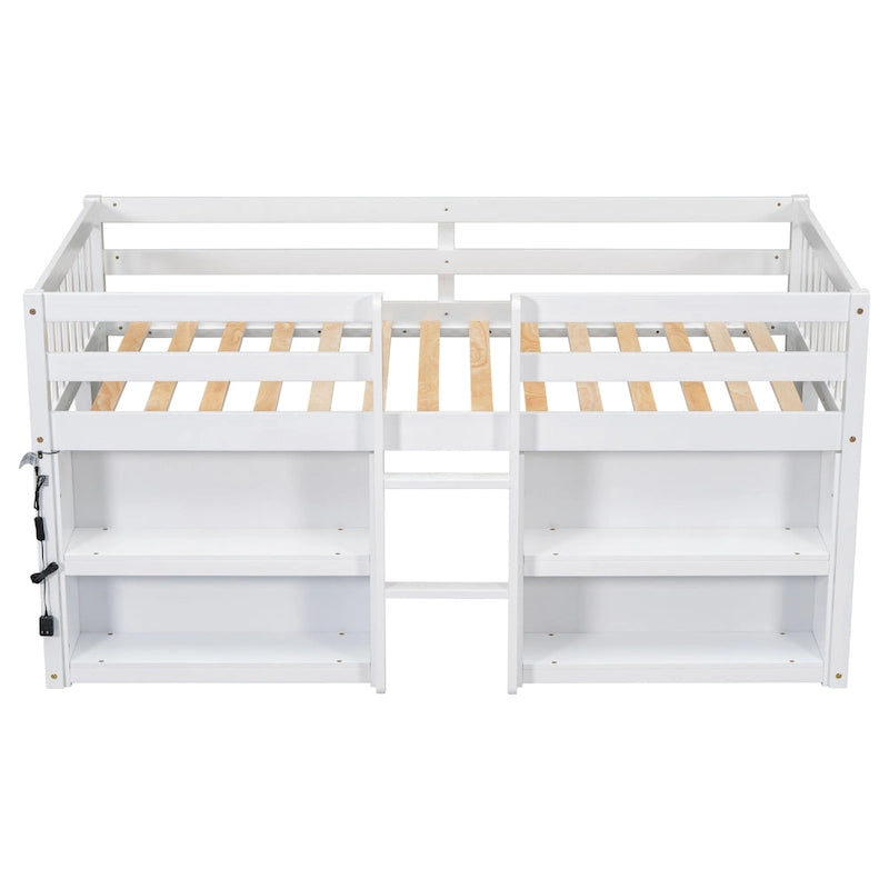 Twin Size Wood Low Loft Bed With Two-Tier Shelves and LED Light for Kids, Boys and Girls