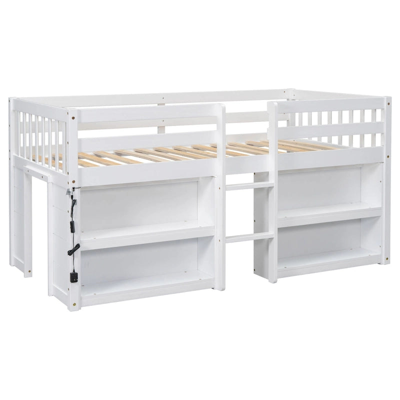 Twin Size Wood Low Loft Bed With Two-Tier Shelves and LED Light for Kids, Boys and Girls