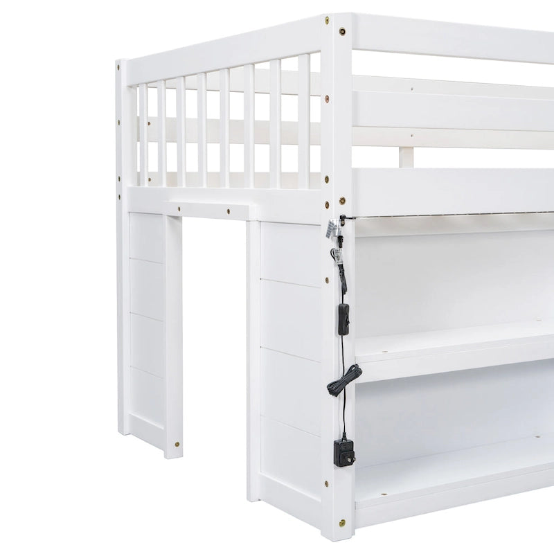 Twin Size Wood Low Loft Bed With Two-Tier Shelves and LED Light for Kids, Boys and Girls