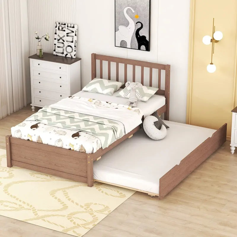 Brown Walnut Rubberwood Twin Size Platform Bed Frame with Trundle, Modern Design, No Box Spring Needed