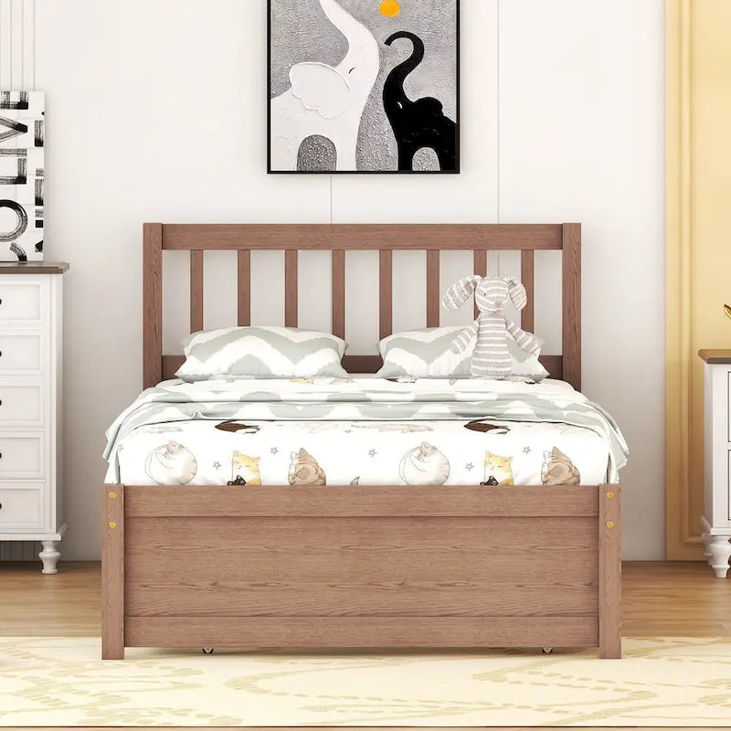 Brown Walnut Rubberwood Twin Size Platform Bed Frame with Trundle, Modern Design, No Box Spring Needed