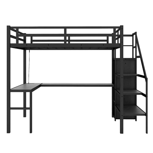 Black Full XL Size Metal Loft Bed with L-shaped Desk and USB, Wardrobe and Adjustable Shelf, LED for Kids, Teens, Adults