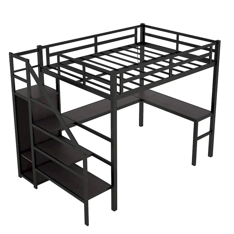 Black Full XL Size Metal Loft Bed with L-shaped Desk and USB, Wardrobe and Adjustable Shelf, LED for Kids, Teens, Adults