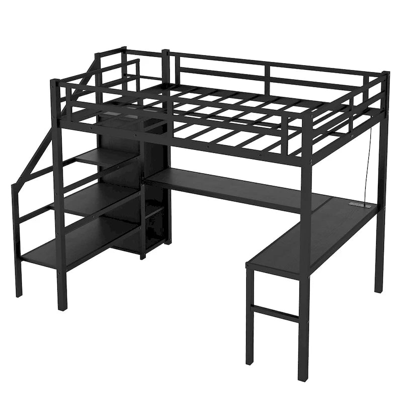 Black Full XL Size Metal Loft Bed with L-shaped Desk and USB, Wardrobe and Adjustable Shelf, LED for Kids, Teens, Adults