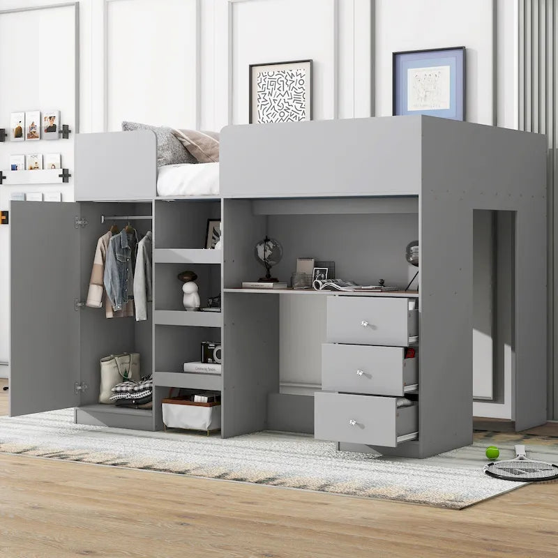 Grey Full Size Solid Wood Loft Bed with Wardrobe, Desk, and Shelves