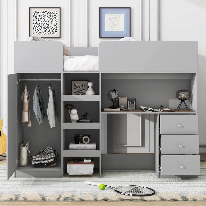 Grey Full Size Solid Wood Loft Bed with Wardrobe, Desk, and Shelves