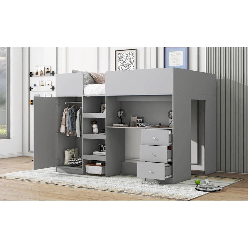 Grey Full Size Solid Wood Loft Bed with Wardrobe, Desk, and Shelves