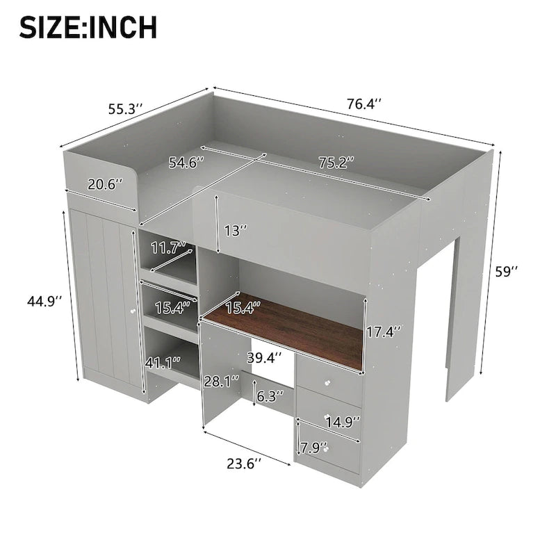 Grey Full Size Solid Wood Loft Bed with Wardrobe, Desk, and Shelves