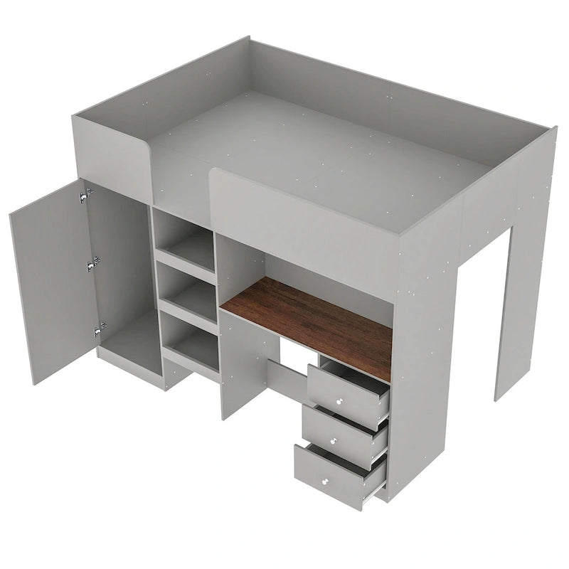 Grey Full Size Solid Wood Loft Bed with Wardrobe, Desk, and Shelves