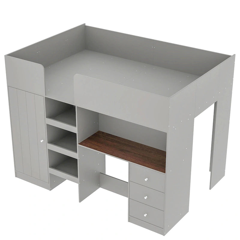 Grey Full Size Solid Wood Loft Bed with Wardrobe, Desk, and Shelves