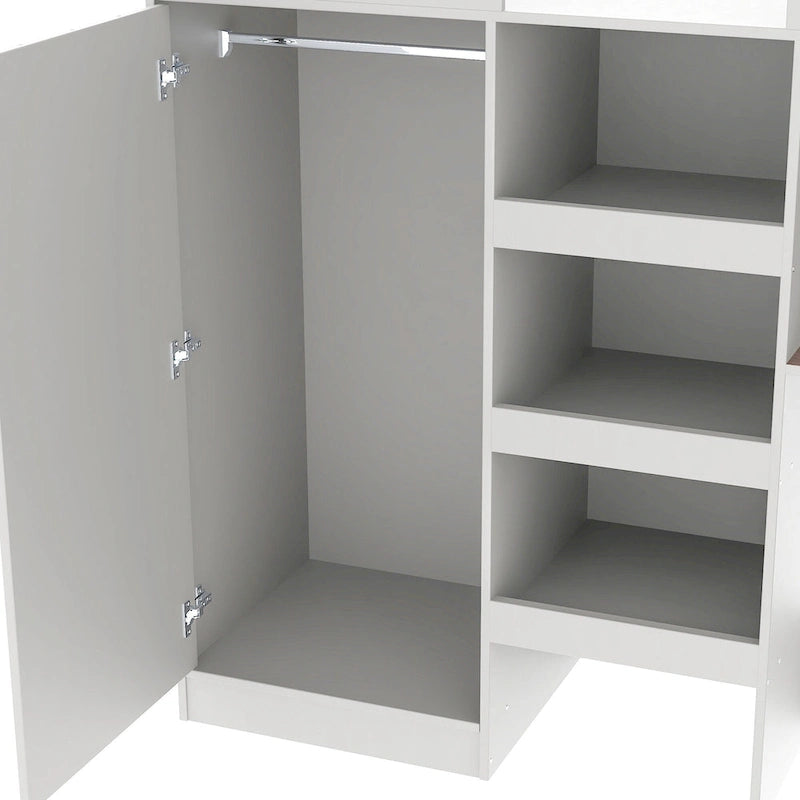 Grey Full Size Solid Wood Loft Bed with Wardrobe, Desk, and Shelves