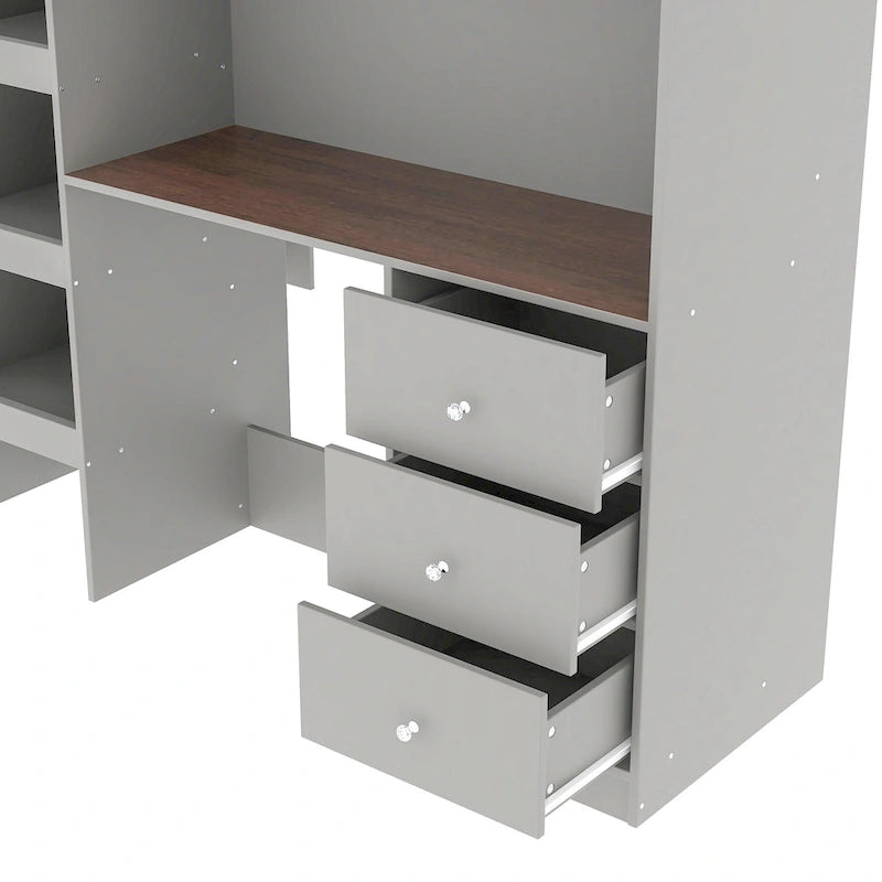 Grey Full Size Solid Wood Loft Bed with Wardrobe, Desk, and Shelves