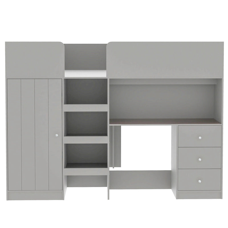 Grey Full Size Solid Wood Loft Bed with Wardrobe, Desk, and Shelves