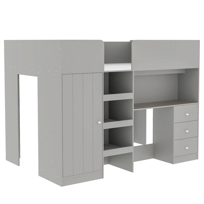 Grey Full Size Solid Wood Loft Bed with Wardrobe, Desk, and Shelves