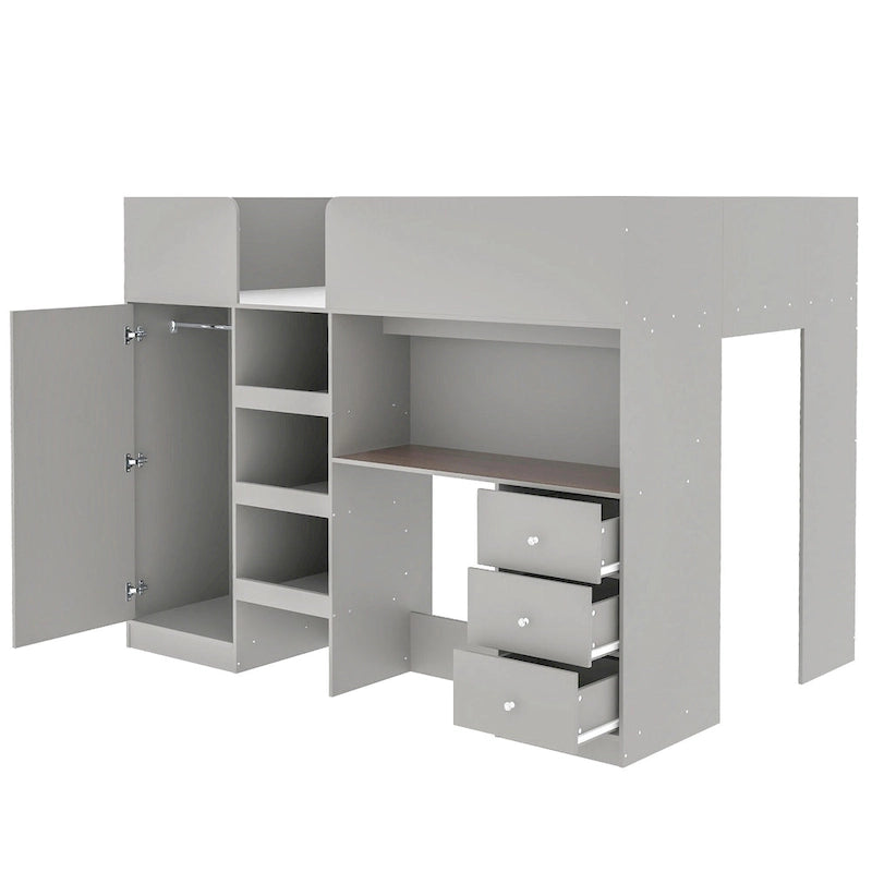 Grey Full Size Solid Wood Loft Bed with Wardrobe, Desk, and Shelves