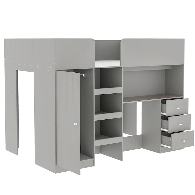 Grey Full Size Solid Wood Loft Bed with Wardrobe, Desk, and Shelves