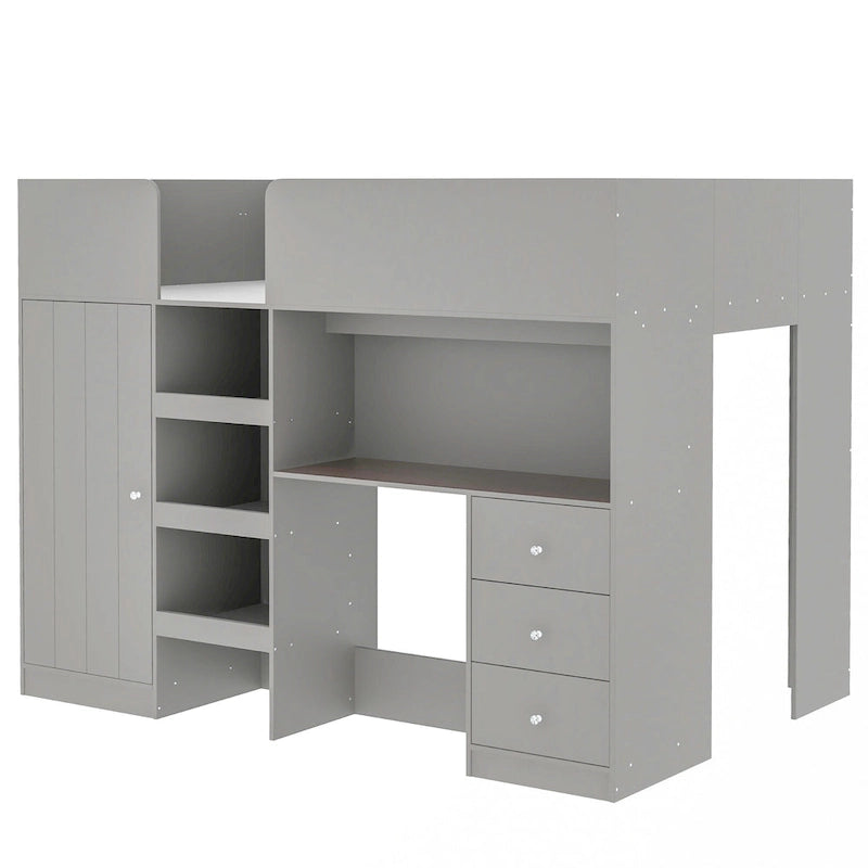 Grey Full Size Solid Wood Loft Bed with Wardrobe, Desk, and Shelves
