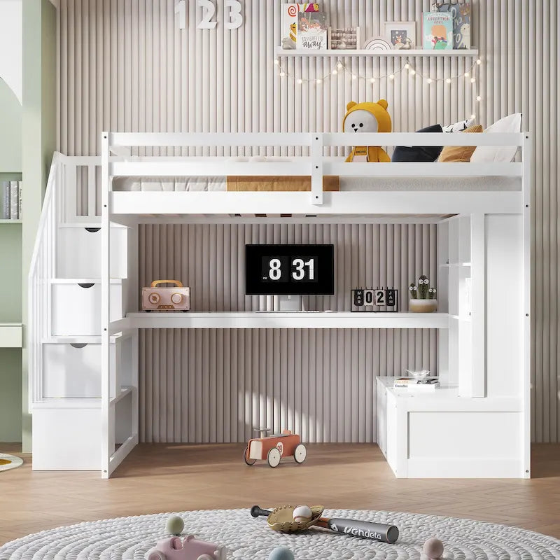 White Full Size Solid Wood Loft Bed with Desk, Shelves, and Drawers