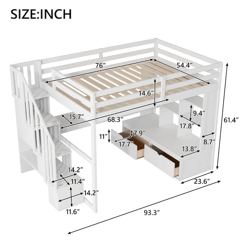 White Full Size Solid Wood Loft Bed with Desk, Shelves, and Drawers