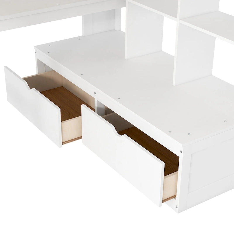 White Full Size Solid Wood Loft Bed with Desk, Shelves, and Drawers