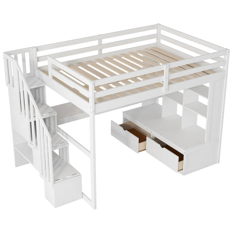 White Full Size Solid Wood Loft Bed with Desk, Shelves, and Drawers