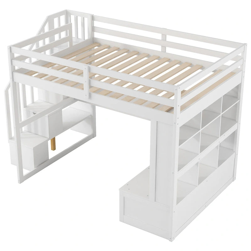 White Full Size Solid Wood Loft Bed with Desk, Shelves, and Drawers