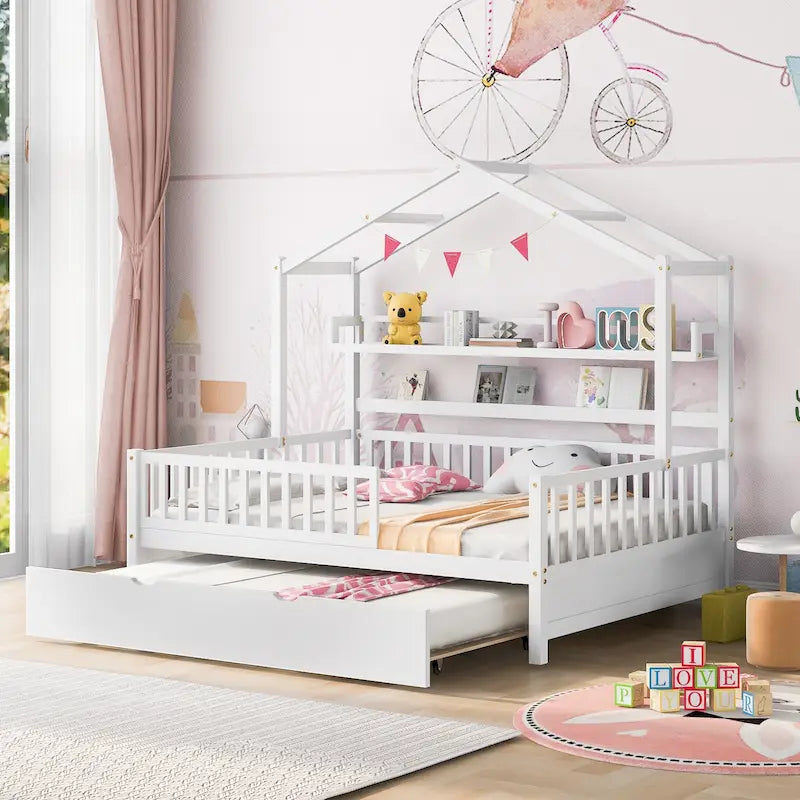 Full Wooden House Bed with Twin Trundle