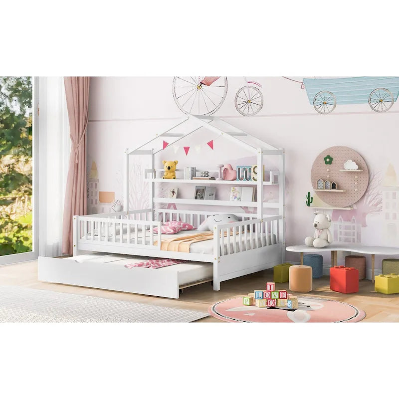 Full Wooden House Bed with Twin Trundle
