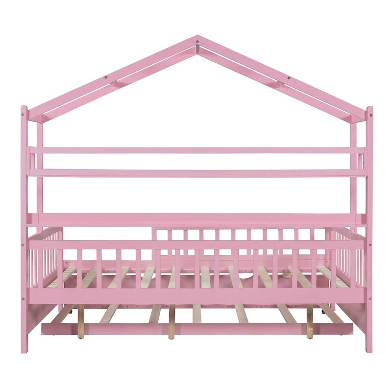 Full Wooden House Bed with Twin Trundle