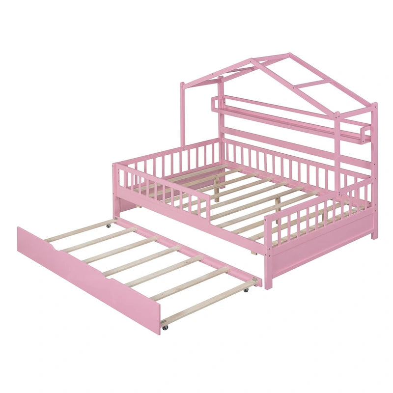 Full Wooden House Bed with Twin Trundle