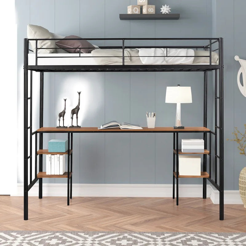Twin Metal Loft Bed with Table, Shelves, Guardrails, and Ladders
