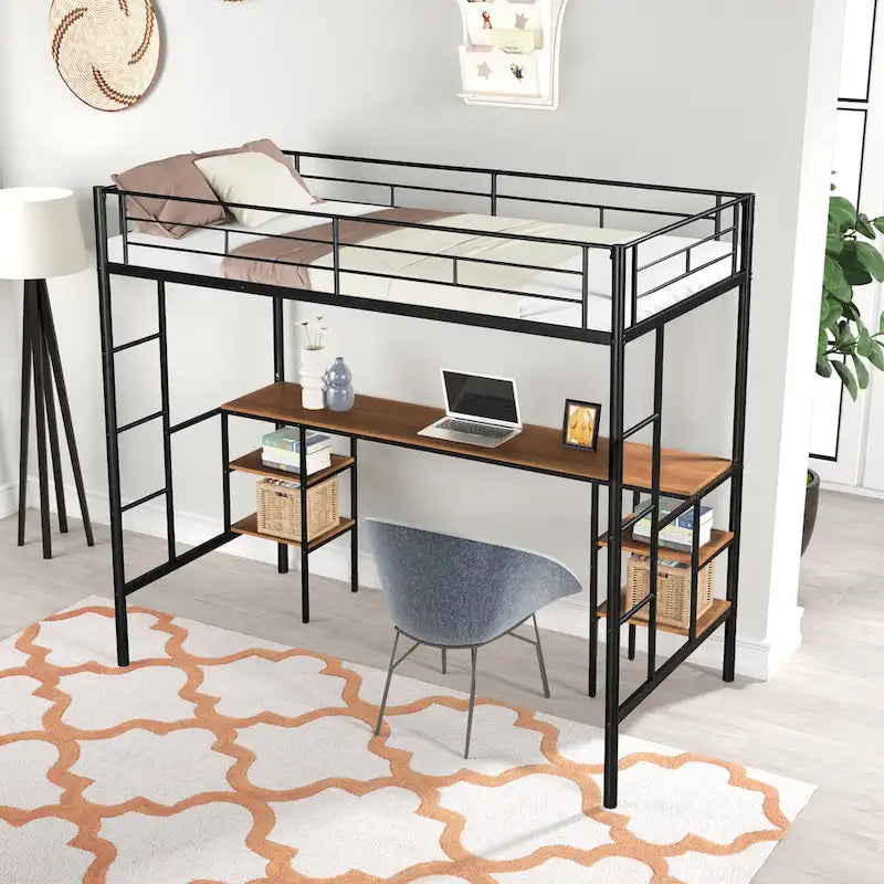 Twin Metal Loft Bed with Table, Shelves, Guardrails, and Ladders