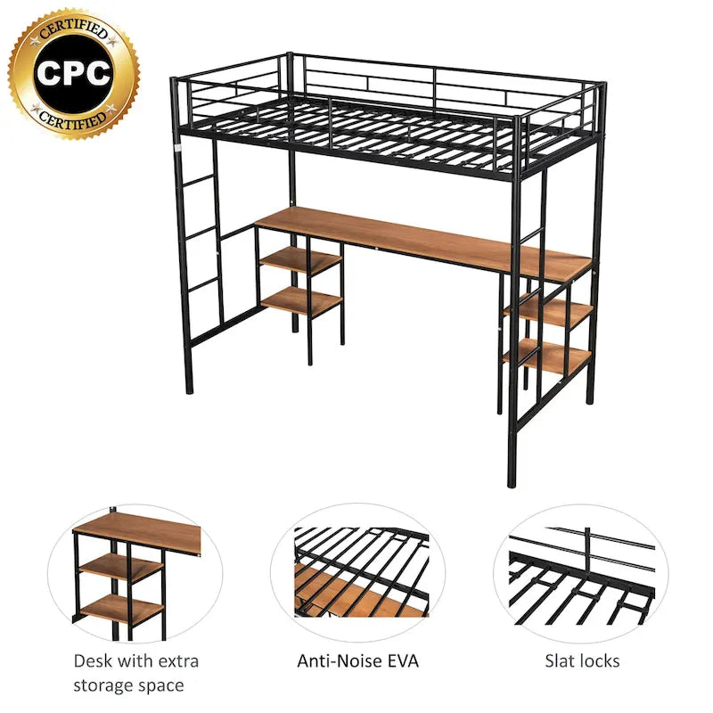 Twin Metal Loft Bed with Table, Shelves, Guardrails, and Ladders