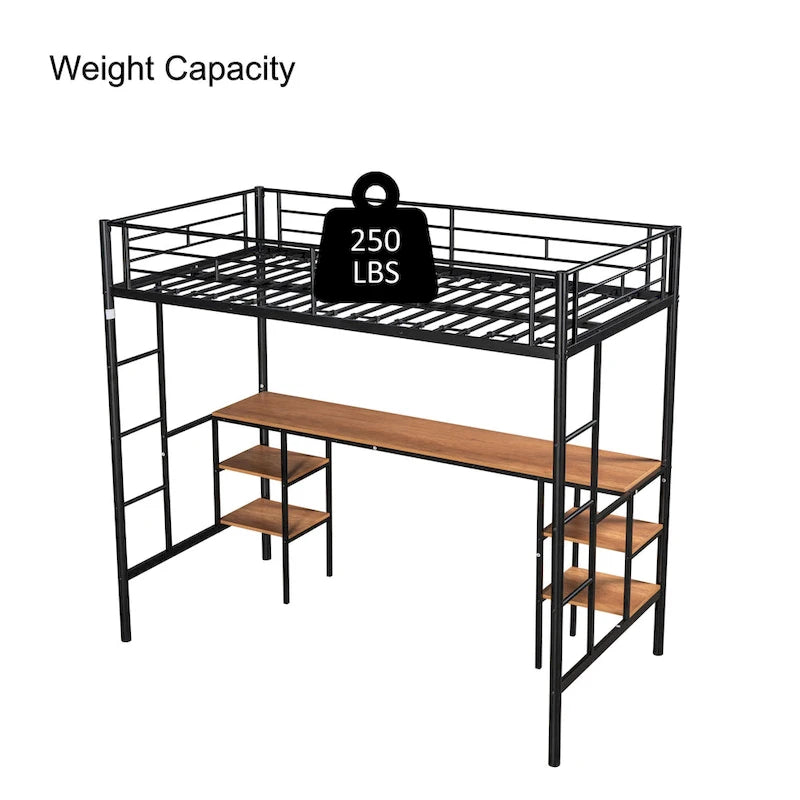Twin Metal Loft Bed with Table, Shelves, Guardrails, and Ladders