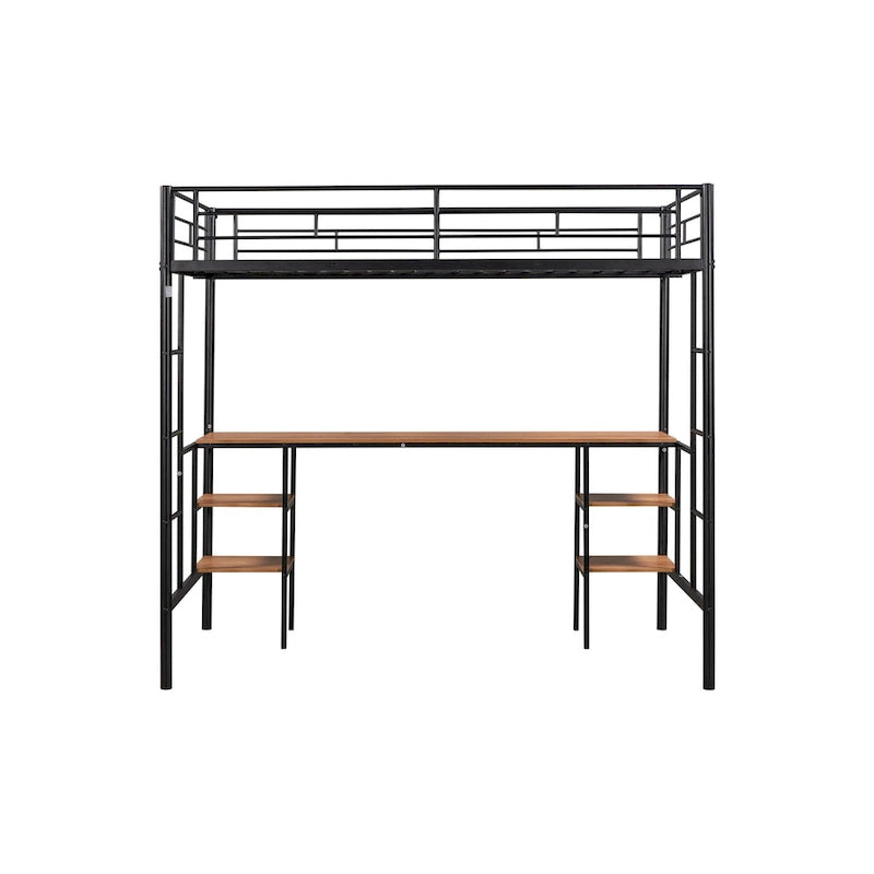 Twin Metal Loft Bed with Table, Shelves, Guardrails, and Ladders