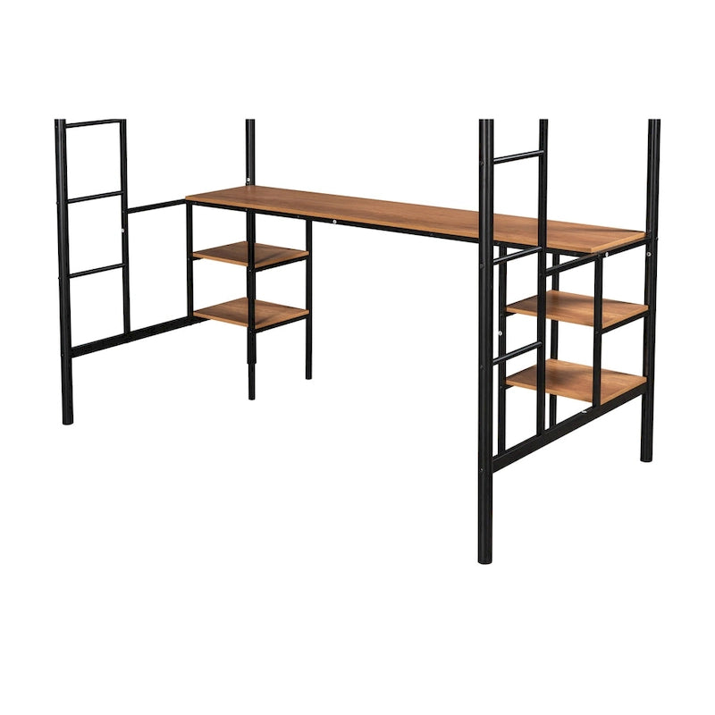 Twin Metal Loft Bed with Table, Shelves, Guardrails, and Ladders