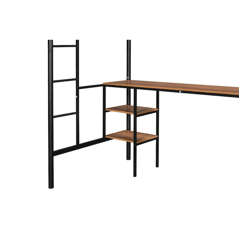 Twin Metal Loft Bed with Table, Shelves, Guardrails, and Ladders