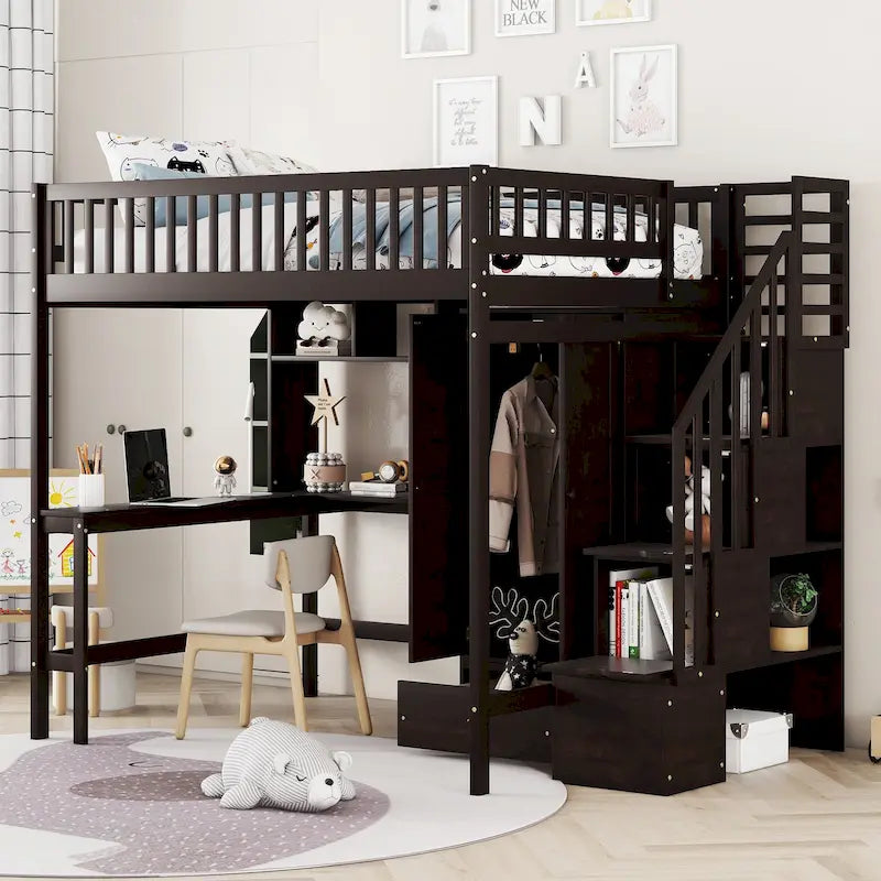 Full Pine Loft Bed with Desk and Storage