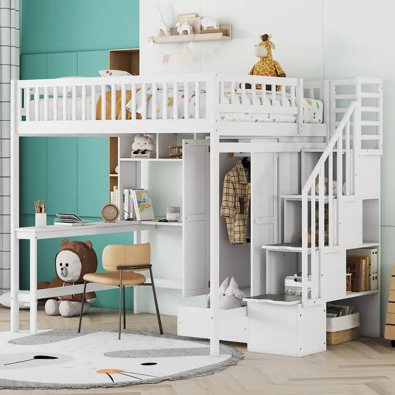 Full Pine Loft Bed with Desk and Storage