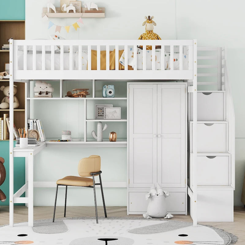 Full Pine Loft Bed with Desk and Storage