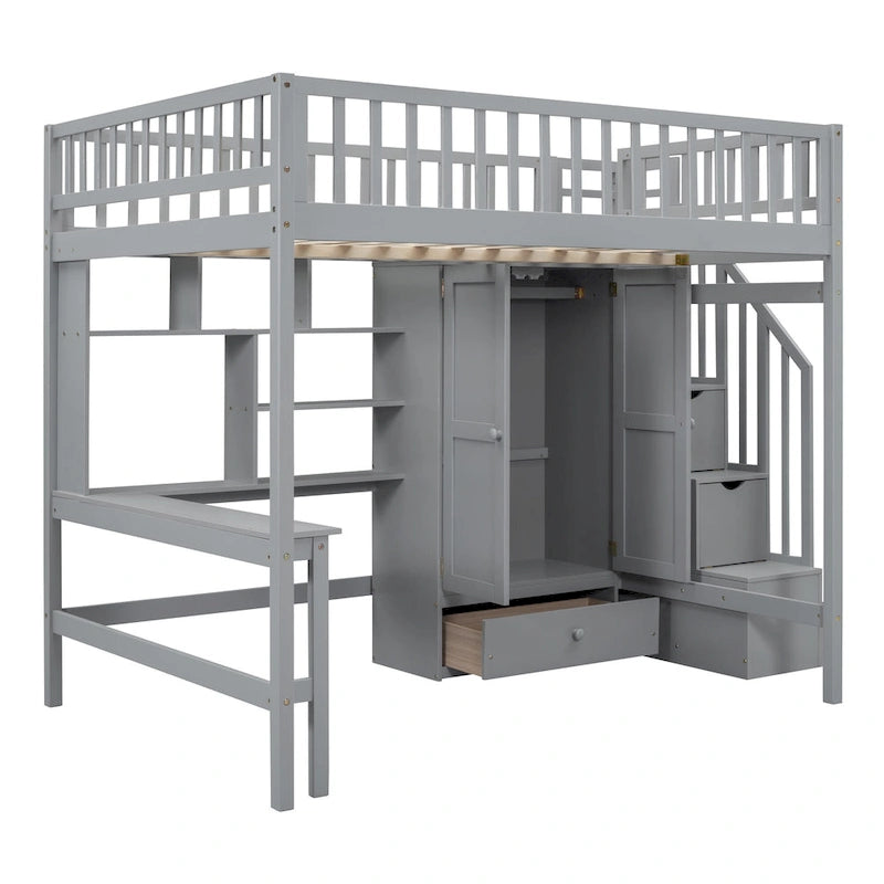 Full Pine Loft Bed with Desk and Storage