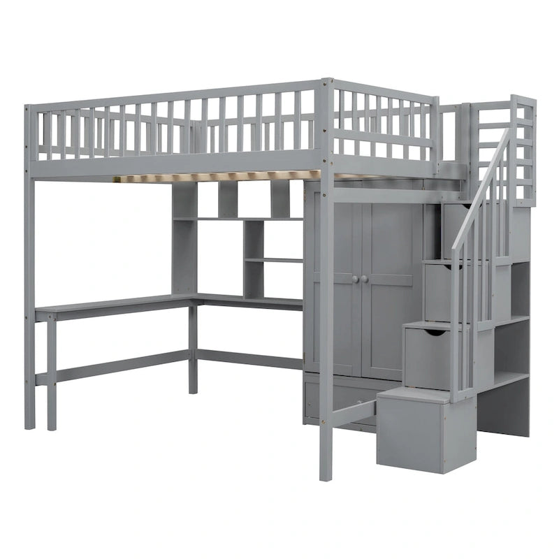 Full Pine Loft Bed with Desk and Storage