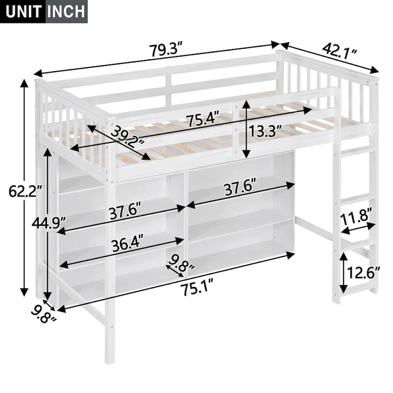 Twin Loft Bed with Storage Shelves