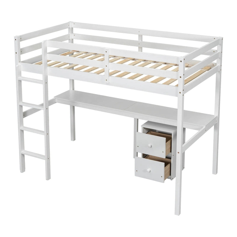 White Twin Wood Loft Bed with Desk, Storage & Guardrails