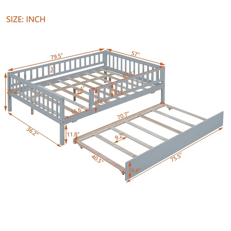 Full Size Wood Daybed With Trundle and Fence