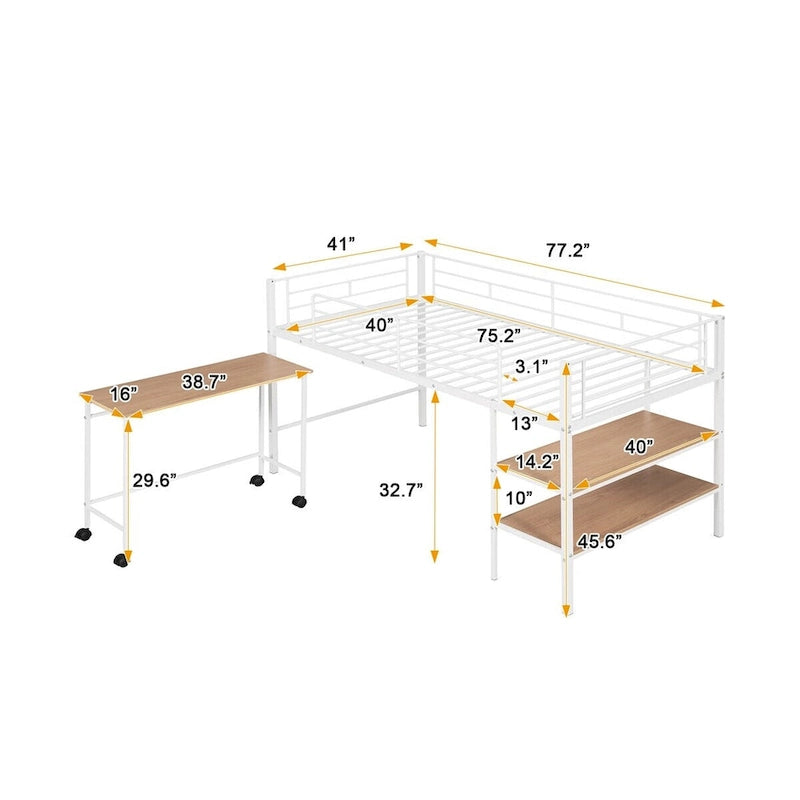 Twin Size Metal Loft Bed with Desk and Shelves