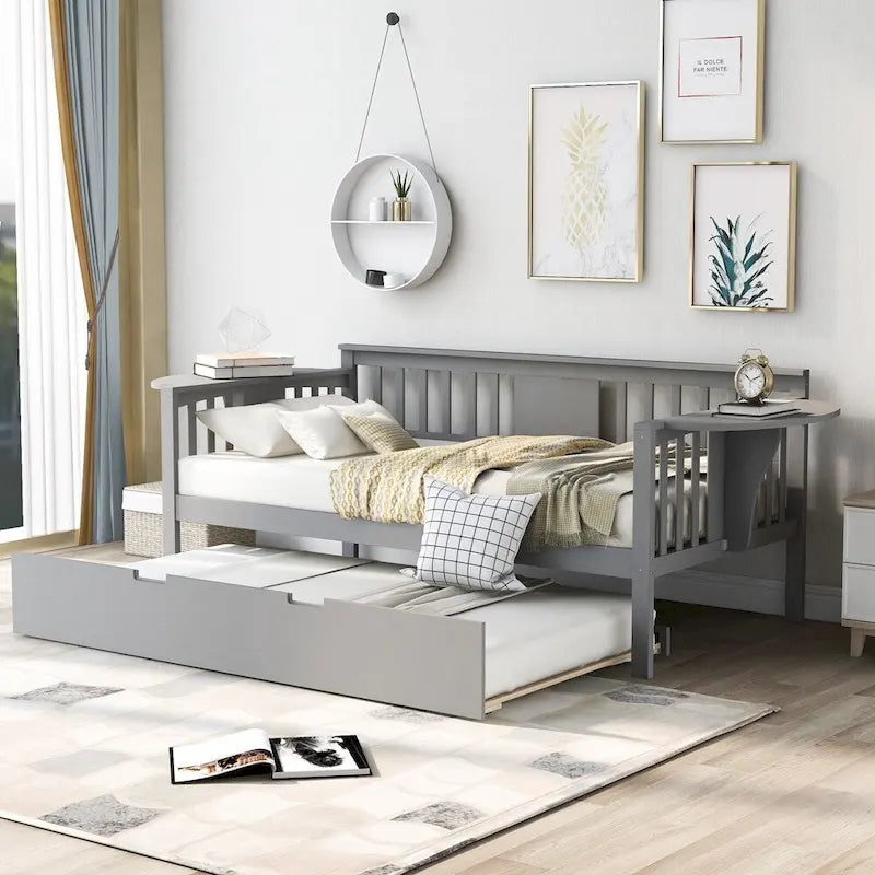 Twin Wooden Daybed with Trundle Bed , Sofa Bed for Bedroom Living Room