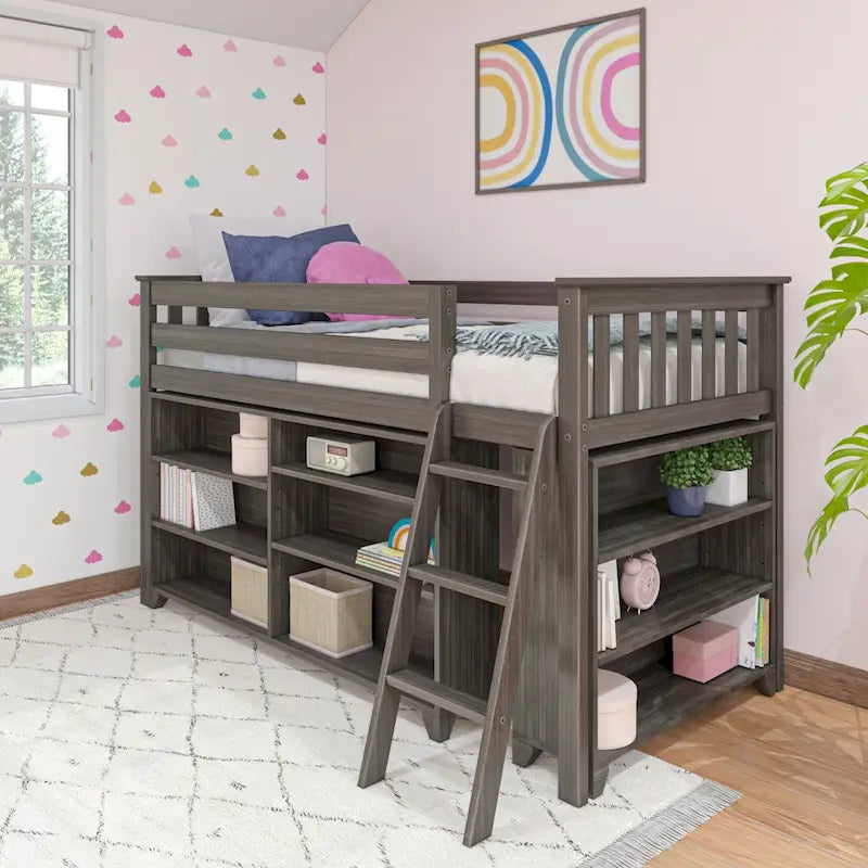 Twin-Size Low Loft Bed with Rolling Desk, Blackboard and Bookshelf